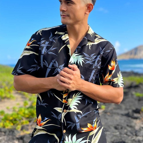 Paradise Found Hawaii Bamboo Paradise Black Hawaiian Shirt Men's Size Large - Picture 14 of 14